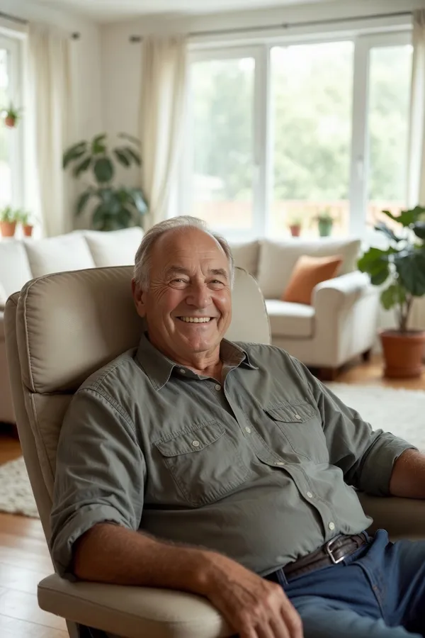 Senior souriante dans une ambiance chaleureuse en résidence