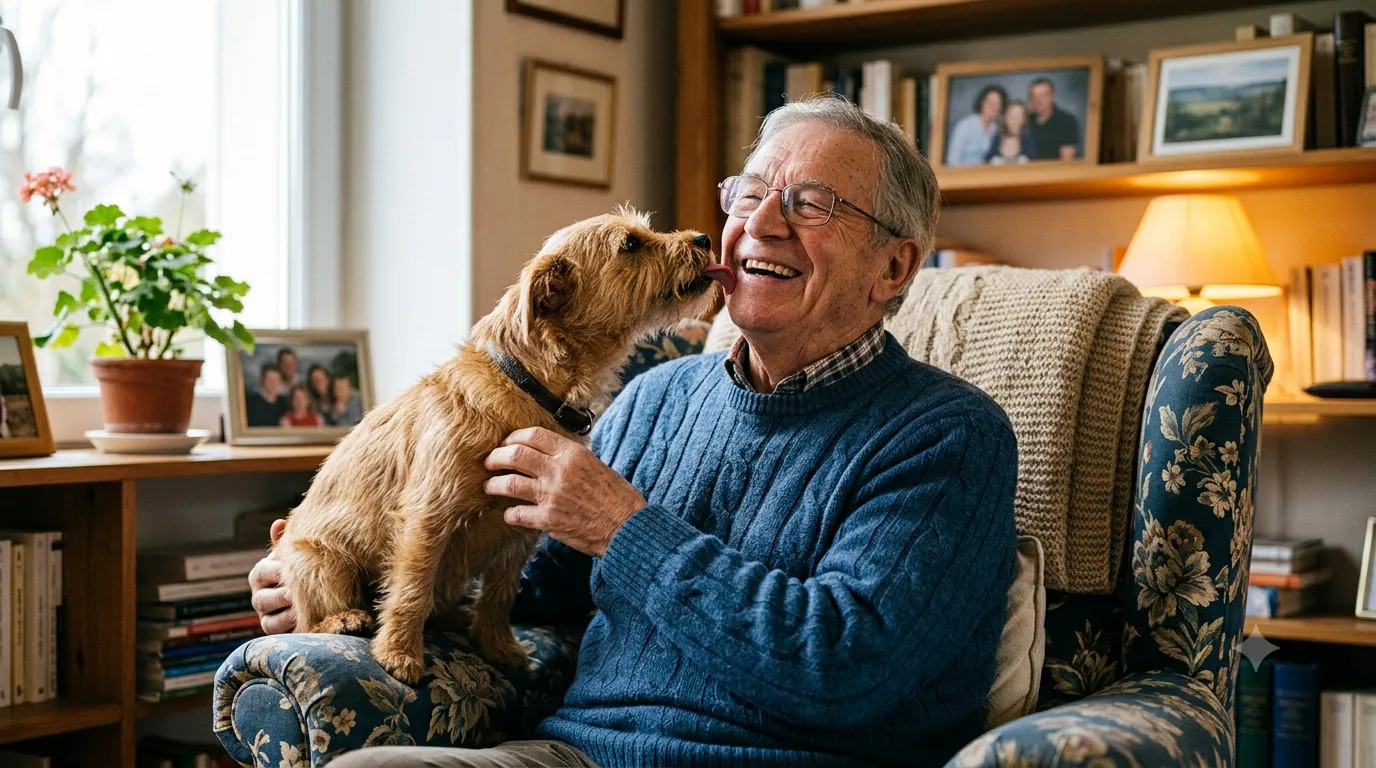 Senior avec son animal de compagnie à domicile