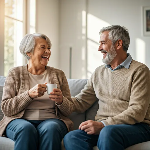 Couple de séniors souriants et sereins à domicile